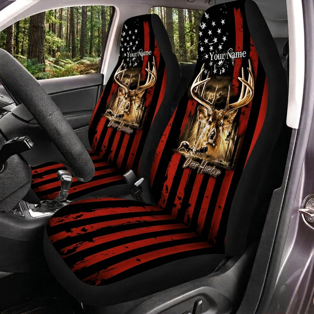 Maxcorners Personalized Name Deer Hunting US Flag Black Red Car Seat Covers