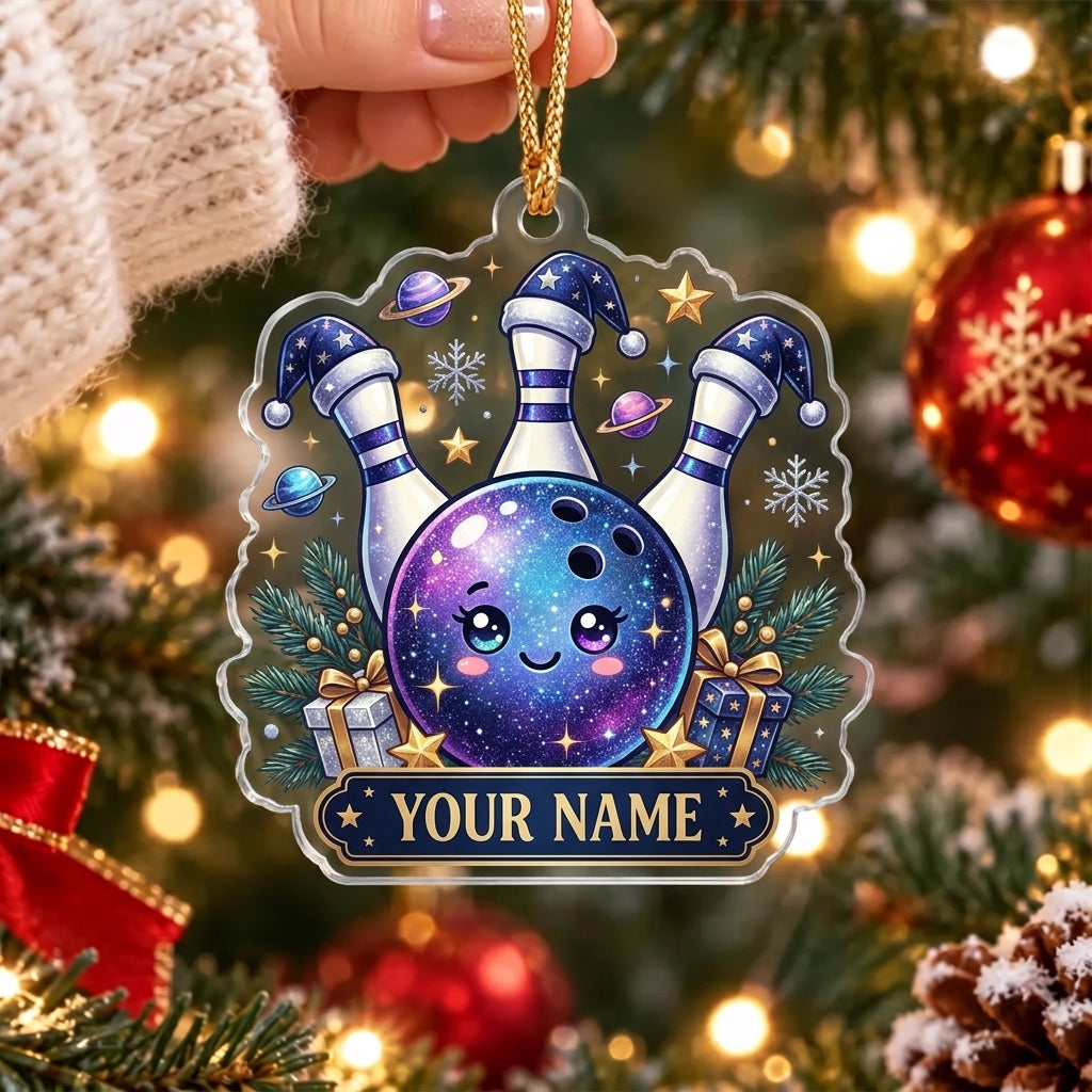 Maxcorners Bowling Blue Galaxy Bowling Ball Winter Wonderland Personalized Name Christmas Ornament