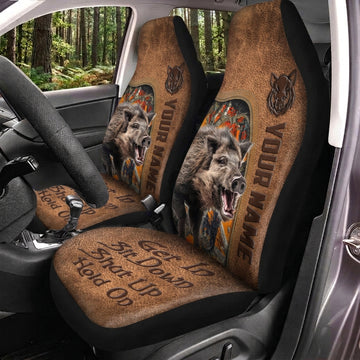 Maxcorners Wild Boar Hunting Hold On Brown Leather Car Seat Covers