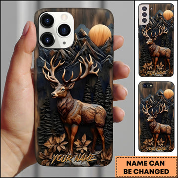 Maxcorners Elk Wildlife Wooden Carving Mountain Forest Multiple Options Personalized Name Phone Case