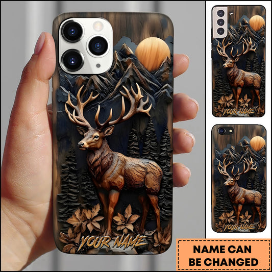 Maxcorners Elk Wildlife Wooden Carving Mountain Forest Multiple Options Personalized Name Phone Case