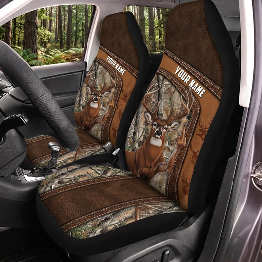 Maxcorners Deer Hunting Brown Leather Buck Panel Personalized Name Car Seat Covers