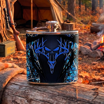 Maxcorners Deer Hunting Tribal Antler Skull and Woodland Pattern Multiple Options 3D Hip Flask