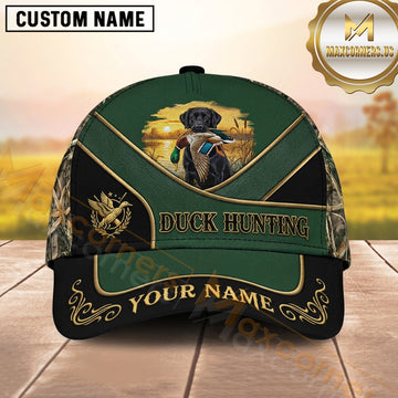 Maxcorners Luxury Forest Green Gold Accent Duck Hunting With Dogs Multi Options Personalized Name 3D Cap
