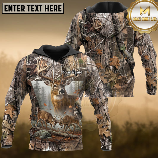 Maxcorners Deer Hunting Realistic Camo Whitetail Buck Forest Multiple Options Personalized Name 3D Hoodie