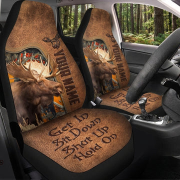Maxcorners Elk Hunting Hold On Brown Leather Car Seat Covers