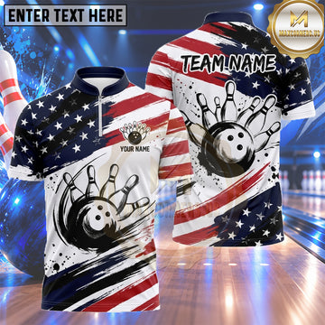 Maxcorners USA Flag Bowling Jersey Abstract Brushstroke Stripes Multiple Options Personalized Name, Team Name 3D Shirt