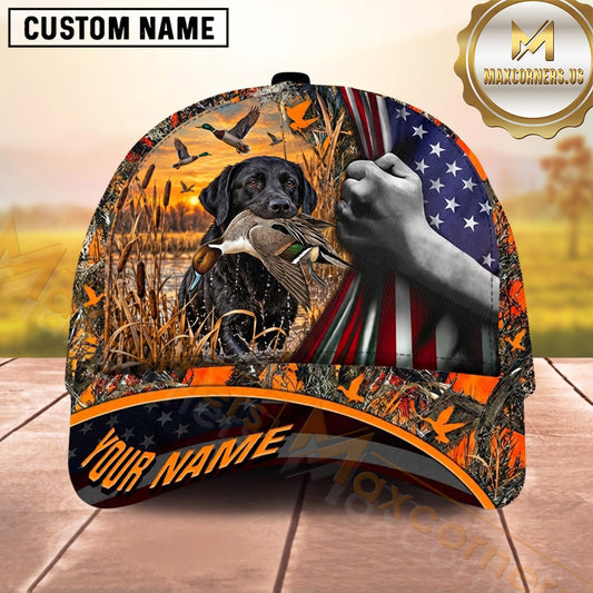 Maxcorners Dog Hunting And Duck Hunting American Flag Woodland Design Multiple Options Personalized Name 3D Cap