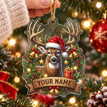 Maxcorners Whitetail Buck Santa Hat Holly Wreath Personalized Name Christmas Ornament