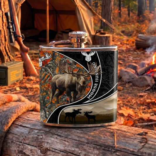 Maxcorners Moose Hunting Wildlife Silhouette and Mountain Landscape Multiple Options 3D Hip Flask