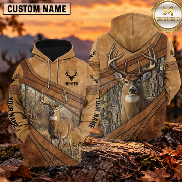 Maxcorners Trophy Whitetail Buck Rustic Leather Stripe Personalized Name 3D Hoodie