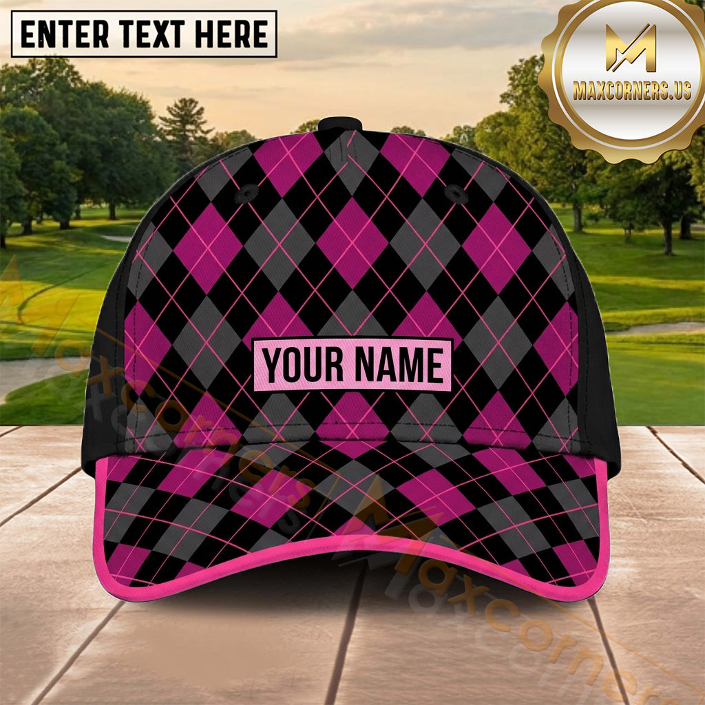 Maxcorners Golf Pink Black Argyle Geometric Personalized Name 3D Cap