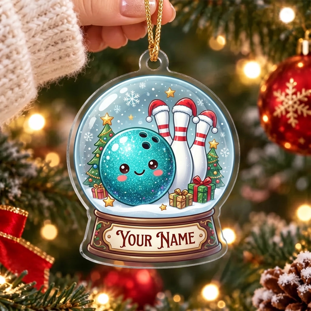 Maxcorners Bowling Turquoise Bowling Ball Christmas Snow Globe Personalized Name Christmas Ornament