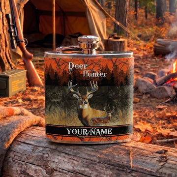 Maxcorners Deer Hunting Majestic Buck Portrait and Forest Landscape Multiple Options Personalized Name 3D Hip Flask