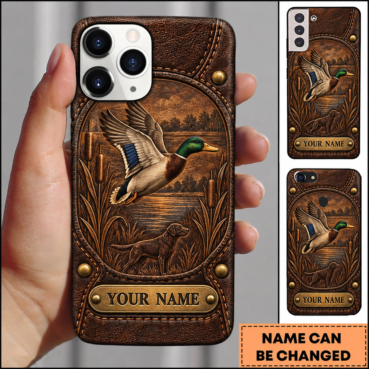 Maxcorners Mallard Duck Hunting Western Leather Tooled Flying Duck Personalized Name 3D Phone Case