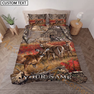 Maxcorners Custom Name Whitetail Deer Hunting Bedding Set, Autumn Forest Buck Wildlife Bedding, Personalized Deer Hunter Gift