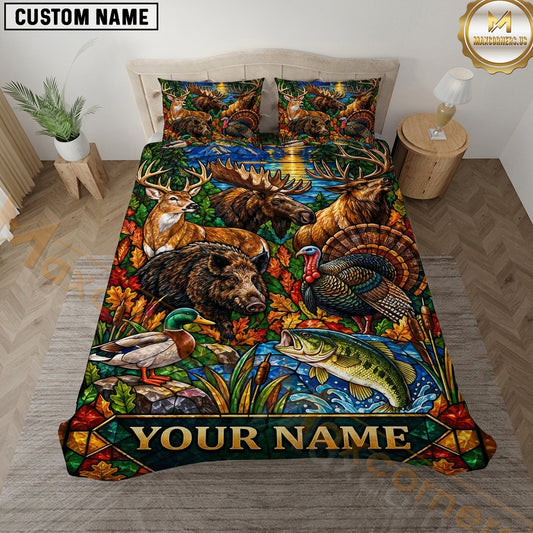 Maxcorners Wildlife Outdoor Hunting Bass Fishing Colorful Wildlife Collage Multiple Options Personalized Name 3D Printed Bedding Set