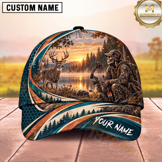 Maxcorners Hunting Skull Archer Sunset Lake Bow Hunting Design Multiple Options Personalized Name 3D Cap