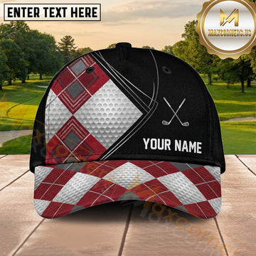Maxcorners Golf Red Black Silver Argyle Geometric Personalized Name 3D Cap