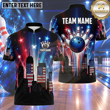 Maxcorners USA Bowling Shirt Patriotic City Skyline Fireworks Multiple Options Personalized Name, Team Name 3D Shirt