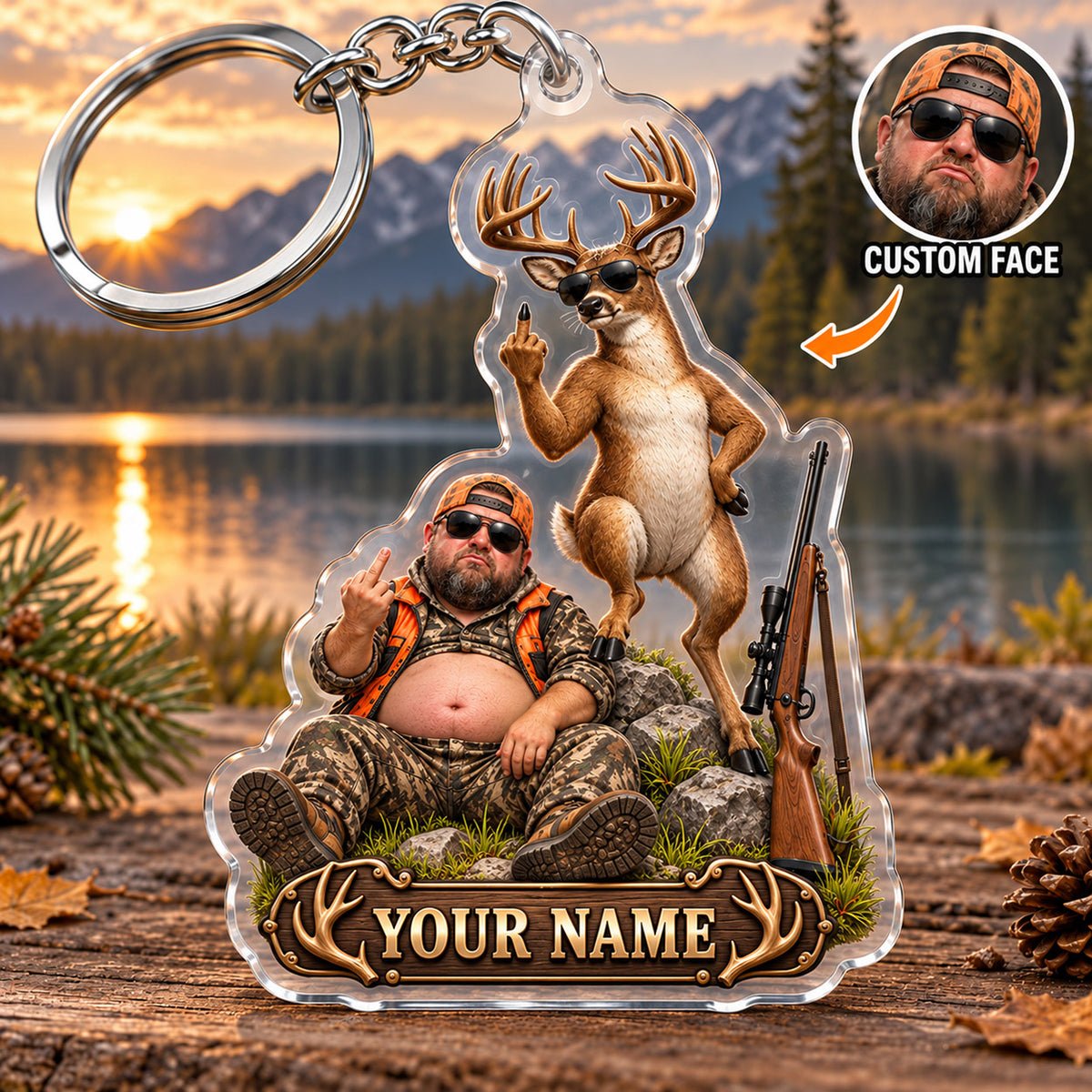 Maxcorners Deer Hunting Funny Belly Hunter Middle Finger Buck Custom Name & Face Custom Gift 2D Flat Acrylic Ornament, Keychain
