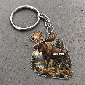 Maxcorners Moose Lakeside Mountain Scene Custom Name Hunting Custom Gift 2D Flat Acrylic Ornament, Keychain