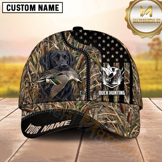 Maxcorners Black Star Flag Wetland Camo Duck Hunting Dog Cap, Multiple Breeds Personalized Name 3D Cap