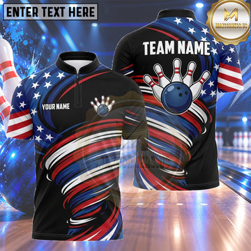 Maxcorners American Bowling Shirt Flowing Flag Wave Pattern Multiple Options Personalized Name, Team Name 3D Shirt