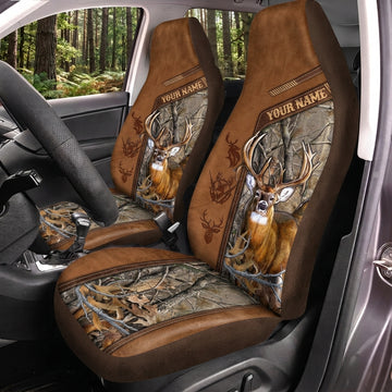 Maxcorners Deer Hunting Brown Leather Buck Portrait Personalized Name Car Seat Covers