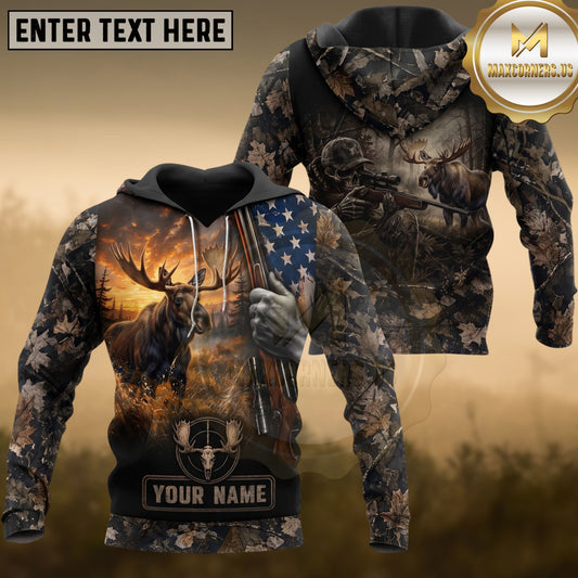 Maxcorners Moose Hunting American Flag Rifle Hunter Camo Forest Multiple Options Personalized Name 3D Hoodie