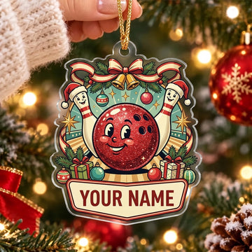 Maxcorners Bowling Red Bowling Ball Christmas Bells and Wreath Personalized Name Christmas Ornament
