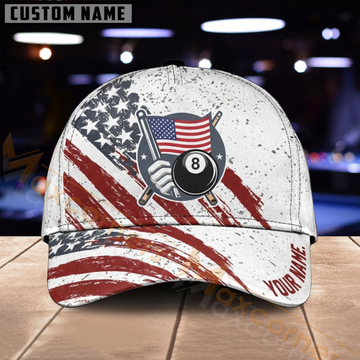 Maxcorners Billiards 8 Ball Distressed American Flag Patriotic Multiple Options Personalized Name 3D Cap