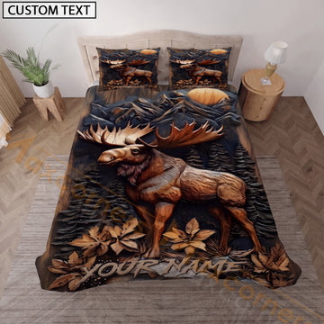 Maxcorners Personalized Moose Hunting Bedding Set, Custom Name Autumn Leaves Bull Moose Bedding, Rustic Hunter Gift for Hunter