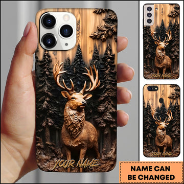 Maxcorners Deer Wildlife Wooden Carving Pine Forest Multiple Options Personalized Name Phone Case