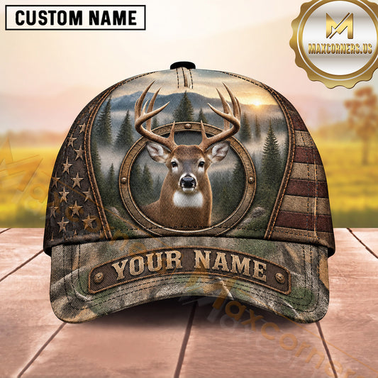 Maxcorners Deer Hunting Trophy Buck Vintage Star Camo Design  Personalized Name 3D Cap