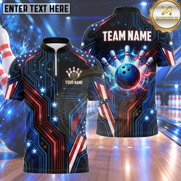 Maxcorners USA Flag Bowling Shirt Flowing Stars and Stripes Wave Multiple Options Personalized Name, Team Name 3D Shirt