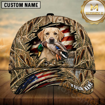 Maxcorners Patriotic Ripped Flag Marsh Camo Dog Hunting Multicolor Options Personalized Name 3D Cap