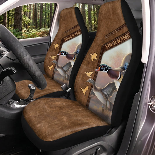 Maxcorners Duck Hunting Brown Leather Flying Waterfowl Personalized Name Car Seat Covers