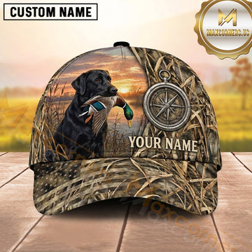 Maxcorners Sunset Marshland Compass Emblem Duck Hunting With Dogs Multi Options Personalized Name 3D Cap