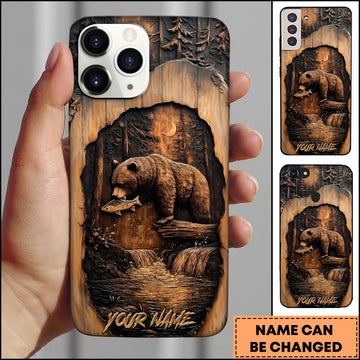 Maxcorners Bear Fishing Wooden Carving Forest River Multiple Options Personalized Name Phone Case