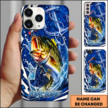 Maxcorners Personalized Fishing Phone Case with Ocean Splash, Anchor, Lure, Blue Fish Scales and Custom Name Phone Case (12 Species)