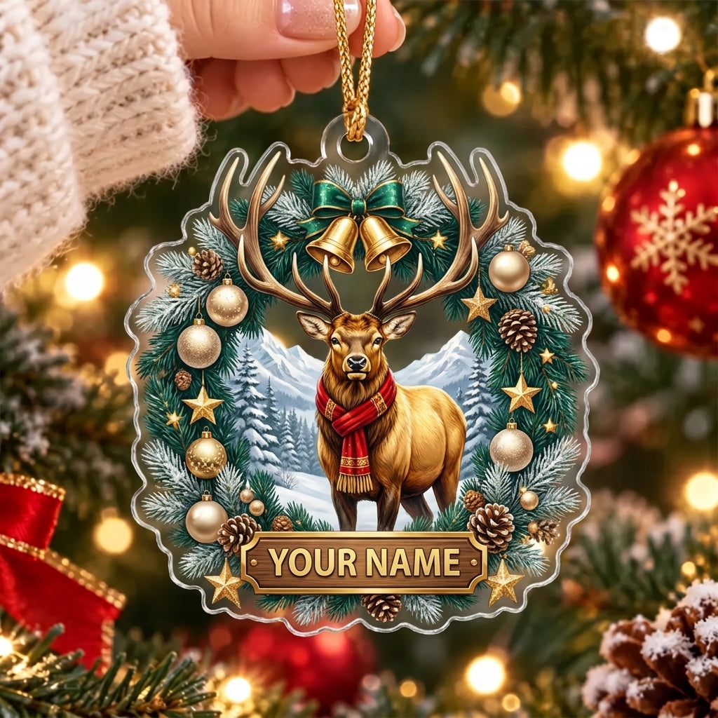 Maxcorners Majestic Elk Christmas Snowflake Wreath Personalized Name Christmas Ornament