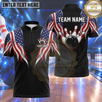 Maxcorners American Flag Bowling Shirt Sweeping Patriotic Ribbon Multiple Options Personalized Name, Team Name 3D Shirt