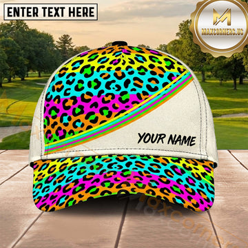 Maxcorners Golf Rainbow Leopard Print Neon Personalized Name 3D Cap