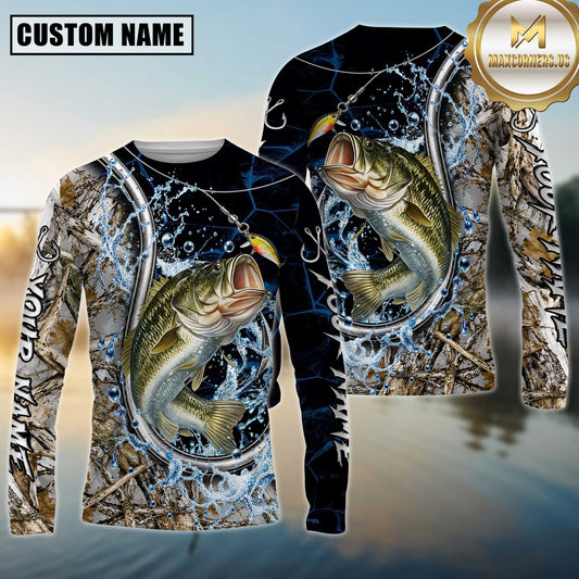 Maxcorners Fishing Hook Water Splash Camouflage Personalized Name 3D Long Sleeve Shirt ( 13 Fish Species)