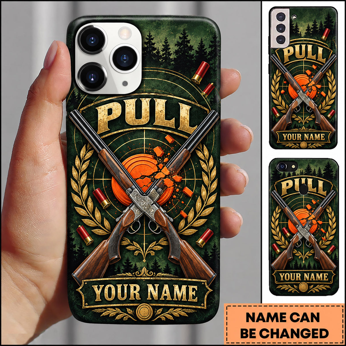 Maxcorners Trap Shooting Crossed Shotguns Laurel Clay Target Emblem Personalized Name 3D Phone Case
