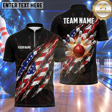 Maxcorners American Flag Bowling Shirt Fierce Lightning Bowling Strike Multiple Options Personalized Name, Team Name 3D Shirt