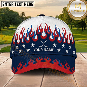 Maxcorners Golf Patriotic American Flag Red Flames Personalized Name 3D Cap
