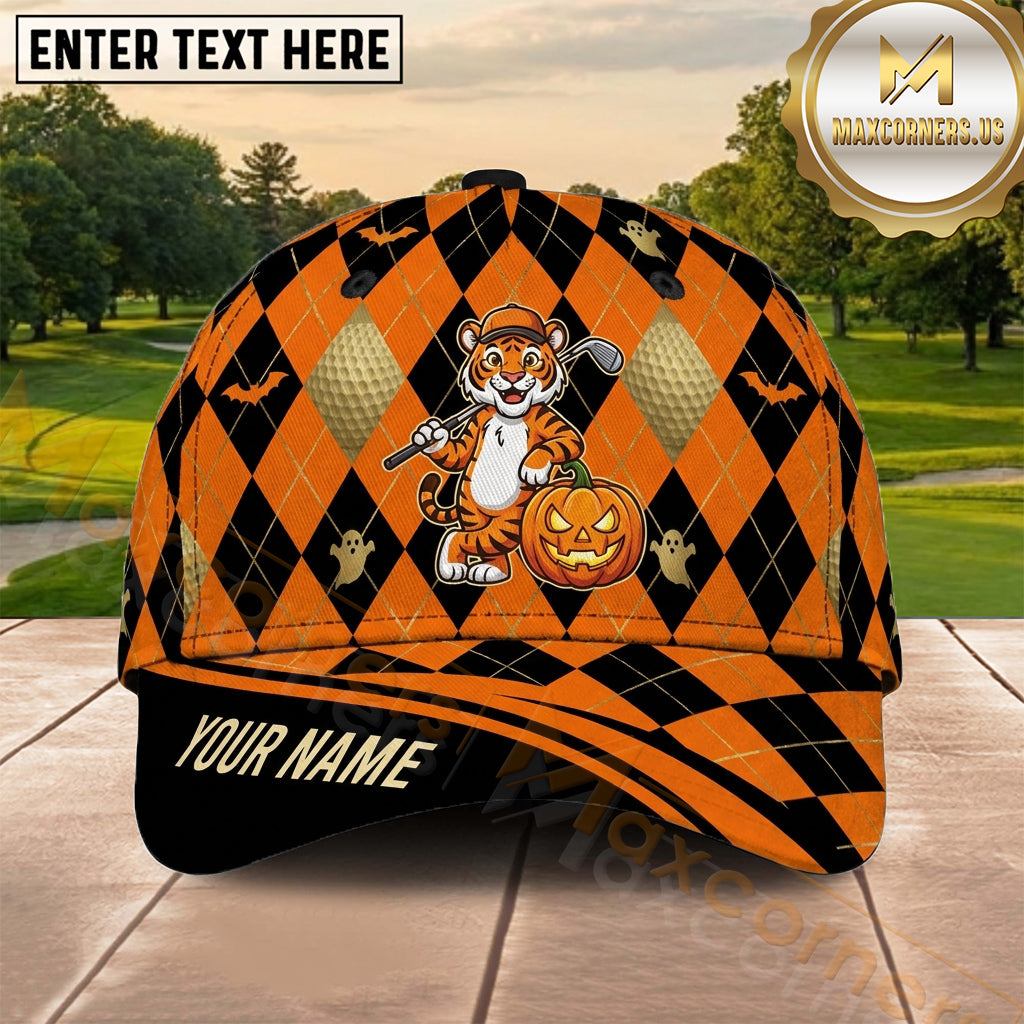 Maxcorners Golf Cute Tiger Halloween Pumpkin Argyle Personalized Name 3D Cap