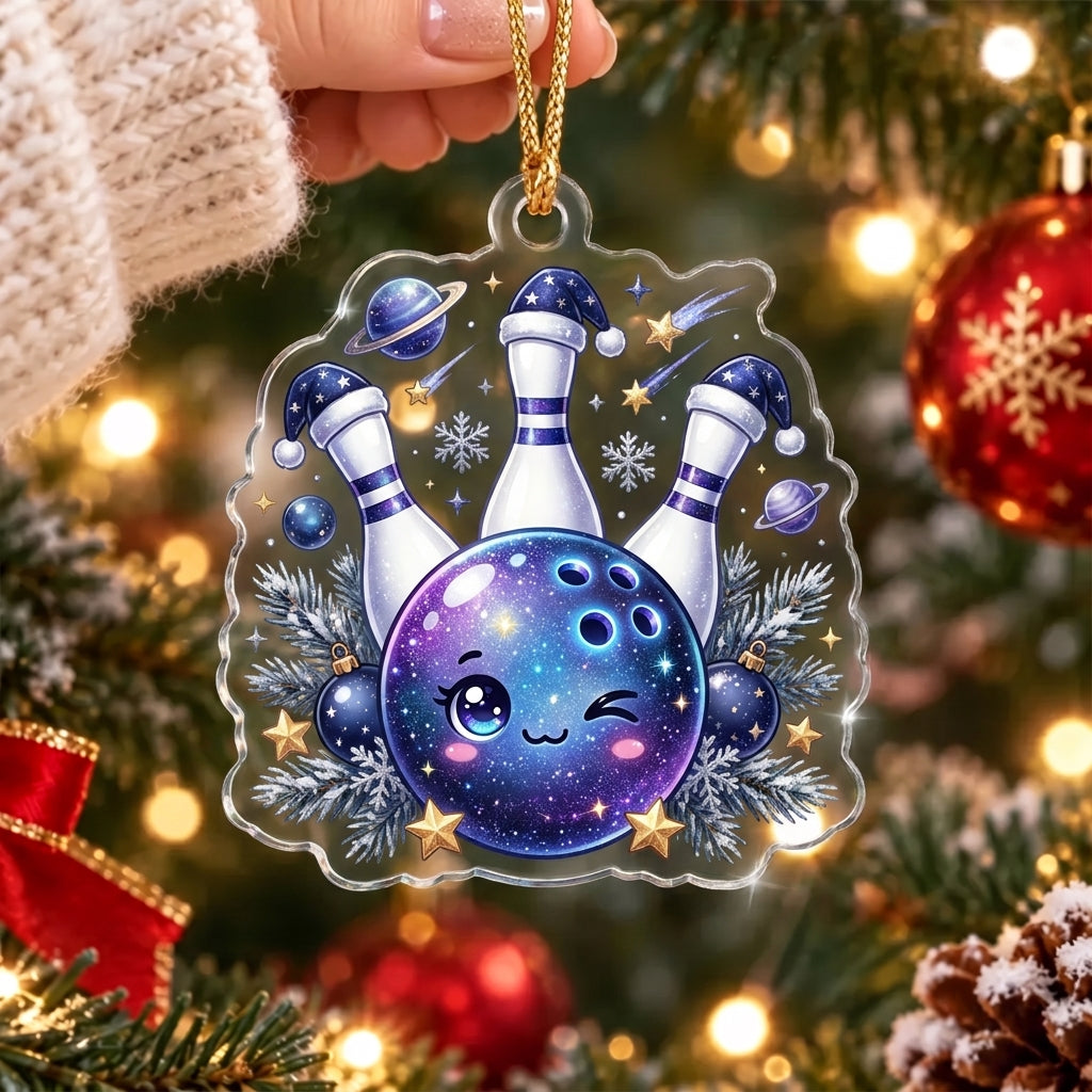 Maxcorners Bowling Purple Galaxy Bowling Ball Winter Snowflakes Personalized Name Christmas Ornament